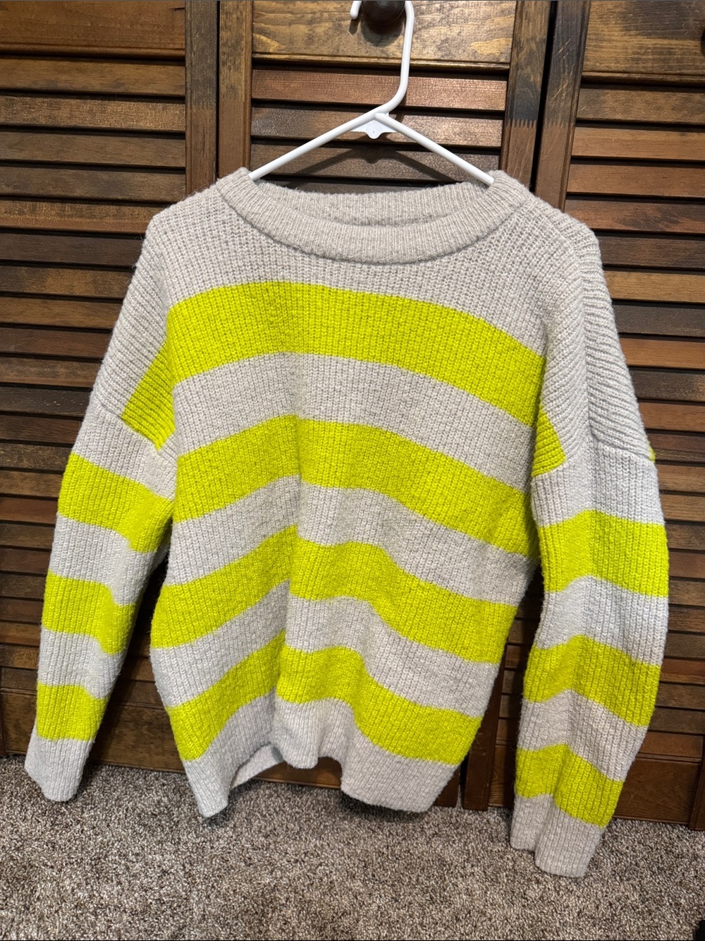 Gray and Lime Striped Crewneck Sweater